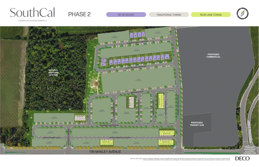SouthCal Phase 2 site plan showing detached lots, townhome blocks, the park and the Natural Heritage System